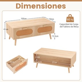 Mesa de centro em rattan 100 x 50 x 41 cm moderna com 2 gavetas e compartimento traseiro retangular com pernas de madeira para sala de estar Natural
