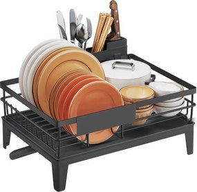 Escorredor de pratos com tabuleiro 31 x 42 x 18,5 cm, escoamento giratório, suporte para talheres preto