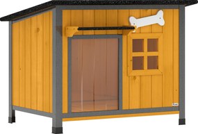 PawHut Casinha para Cães Externa em Madeira e Aço Anti-Mordida, Telhado Rebatível e Cortina para Porta, Amarelo | Aosom Portugal