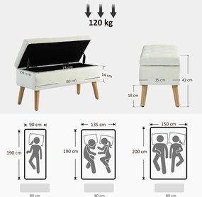 Banco com arrumação, baú de arrumação em tecido com efeito veludo 80 x 35 x 42 cm, pés em madeira creme