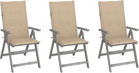 vidaXL Cadeiras jardim reclináveis c/ almofadões 3 pcs acácia maciça