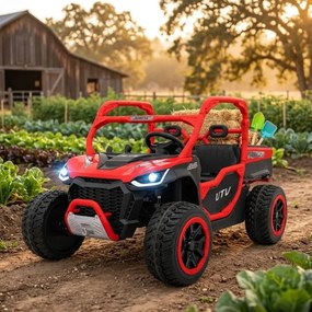 Carro elétrico para Crianças 3 a 7 anos, 2 Lugares Farmer Truck UTV Racing 24V 4x4 Rodas Espuma EVA, assento couro ecológico Vermelho