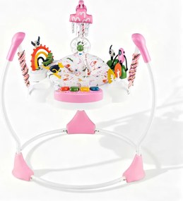 Centro de atividades para bebés com saltador, 6 brinquedos, luzes, música, 3 alturas ajustáveis, mesa giratória 360° para 6+ meses, rosa