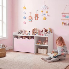 Secretária Infantil com Estante Aberta, 89,5 x 40 x 45 cm, Caixa de Arrumação com Rodas, Rosa
