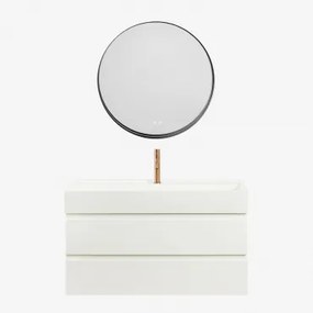 Conjunto De Móvel De Casa De Banho Suspenso Em Madeira E Folha De Freixo Com Lavatório Integrado Ona Branco & Redondo Led - Sklum