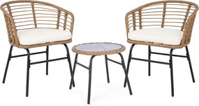 Conjunto jardim de rattan PE para exterior com almofadas macias, Estrutura metálica e tampo em vidro temperado para pátio ou terraço, cor bege