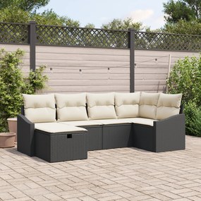 Conjunto de Sofá de Jardim de 6 Peças com Almofadas Preto Rattan Polié