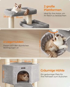 Arranhador para gatos com vários andares 55 x 55 x 186,7 cm Cinzento + Creme