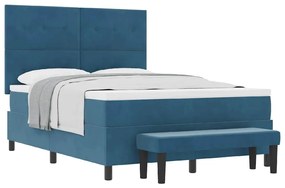 Cama Box Spring com Colchão &amp; Banco Azul Escuro 140x190 cm Veludo