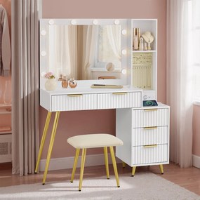 Toucador com banco 40 x 110 x 135 cm, e com espelho com luzes Led, gavetas Branco