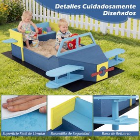 Caixa de areia infantil em madeira de abeto 166,5 x 140,5 x 50 cm, em forma de planador, com banco, assento, base aberta e forro inferior, para crianç