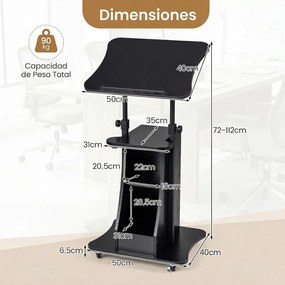 Mesa de Orador Móvel, 50 x 40 x 72-112 cm, Altura Ajustável, Preto