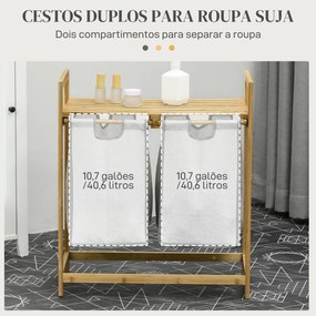 Cesto de Roupa de Bambu Cesto de Roupa Suja com 2 Bolsas Amovíveis e 2 Prateleiras para Casa de Banho 64x33x73 cm Madeira