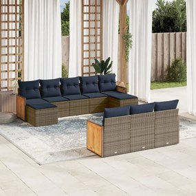 vidaXL 10 pcs conjunto sofás p/ jardim c/ almofadões vime PE cinzento