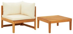 2 pcs conj. lounge de jardim c/ almofadões branco nata acácia
