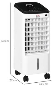 HOMCOM Climatizador Refrigerador de Ar Portátil 3,5 L 3 em 1 Climatizador Humidificador Ventoinha 65W Ecrã LED Controlo Remoto Temporizador Oscilação 3 Velocidades 3 Modos 24,5x27x60 cm Branco