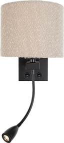 Wandlamp zwart met flexarm en kap beige van teddy stof 18cm - Brescia Combi