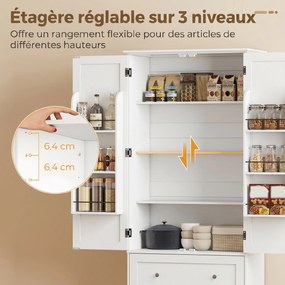 Armário alto de cozinha, armário de cozinha com 2 portas, 2 gavetas, 6 suportes para prateleiras, prateleiras ajustáveis, 80 x 39,5 x 184,5 cm, branco