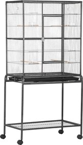 PawHut Gaiola para Pássaros com Rodas 81x48x162,5 cm com Bandeja 4 Poleiros 4 Comedouros e Prateleira Preto e Cinza | Aosom Portugal