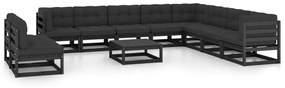 vidaXL 11 pcs conjunto longue jardim c/ almofadões pinho maciço preto