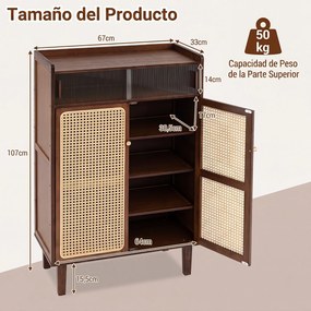 Sapateira, 67 x 33 x 107 cm, 5 Níveis com Portas de Rattan, cor Nogueira