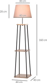 Candeeiro de pé de design contemporâneo, 40 x 40 x 160 cm, 40 W máx., 3 prateleiras integradas em madeira maciça de pinho, metal preto e linho bege e