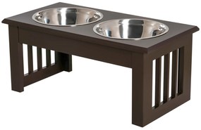 PawHut Comedouro Elevado Cães Suporte 2 Tigelas Aço Inoxidável Ajustável 44x24x15 cm Marrom Design Moderno | Aosom Portugal