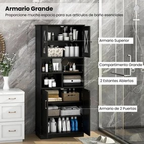 Armário de banho ou cozinha 60 x 30 x 145 cm  com portas e 3 cubos  para despensa com prateleiras ajustáveis Preto