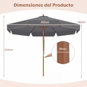 Guarda-sol para pátio de 300 cm com botão de inclinação (BASE NÃO INCLUIDA), cabo de madeira, cobertura ventilada e 8 varas – para jardim, praia, pisc