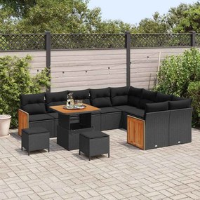 Conjunto de Sofá de Jardim de 12 peças com Almofadas Preto Rattan PE Acácia