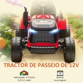 Trator Elétrico para Crianças com Reboque Desmontável Bateria 12V Velocidade 3-5 km/h Controle Remoto 2,4G 139x58x55 cm Vermelho