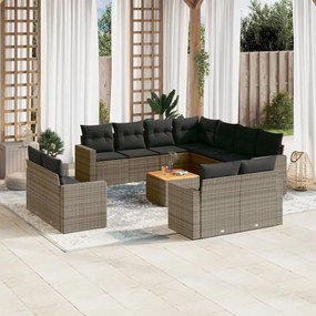 12 pcs conjunto de sofás jardim c/ almofadões vime PE cinzento