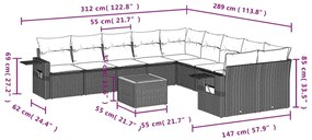 11 pcs conjunto sofás de jardim c/ almofadões vime PE cinzento