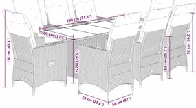 9 pcs conjunto de jantar p/ jardim c/ almofadões vime PE cinza
