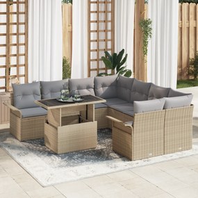 Conjunto de Sofá de Jardim vidaXL 9 Peças com Almofadas Bege Rattan Po