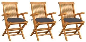 vidaXL Cadeiras de jardim c/ almofadões antracite 3 pcs teca maciça