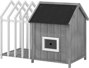 Casota com Compartimento aberto exterior para cães em madeira com terraço e porta de ripas, 106 x 62,5 x 80,5 cm, cinzenta