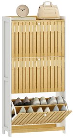 HOMCOM Sapateira Estreita com 3 Portas de Bambu em Ripas Móvel Sapateira com Prateleiras Ajustáveis para 18 Pares de Sapatos 60x24x118 cm Branco e Madeira