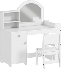 Toucador Infantil com Banqueta e Espelho com Luzes LED 1 Gaveta, Armário e 5 Prateleiras Branco