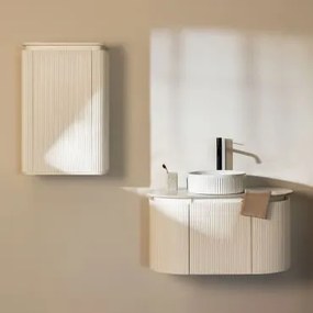Conjunto De Móvel De Casa De Banho Em Madeira Carsone Branco & Branco & Cerâmica Redonda Riscas Brancas Ø36 Cm Sinqua & Sem Espelho - Sklum