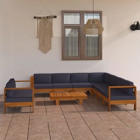 vidaXL 9 pcs conj. lounge de jardim c/ almofadões cinza-escuro acácia