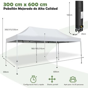 Tenda 3 x 6 m dobrável Pop-up UPF 50+ instantâneo sobre rodas Tenda impermeável para casamentos Festas Campismo Branco