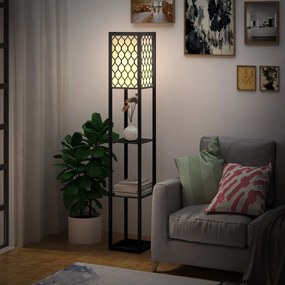 Candeeiro de pé com prateleiras Candeeiro com prateleiras 26 x 26  x 160  cm 4 níveis MDF preto com padrão em forma de favo de mel preto, branco