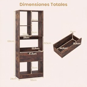 Estante Livreira Estreita, 50 x 24 x 130 cm, 7 Compartimentos e Gaveta Integrada, Castanho