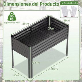 Floreira elevada de jardim 118 x 60 x 77,5 cm com Estrutura em metal galvanizado, pés elevados, sistema de drenagem e base alta para terraço ou pátio