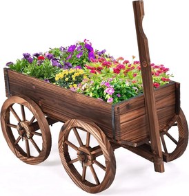 Carrinho floreira de madeira 75 x 43 x 53,5 cm para exteriores decorativo para jardim para plantas com 4 rodas e alça Castanho