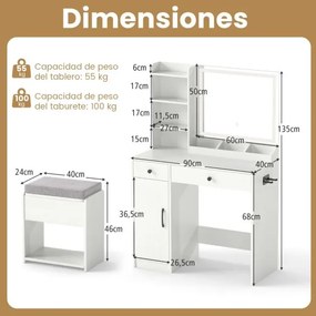 Toucador com banco, espelho e luzes LED reguláveis com estação de carregamento, 3 prateleiras abertas, 2 gavetas, 90 x 40 x 135 cm, branca