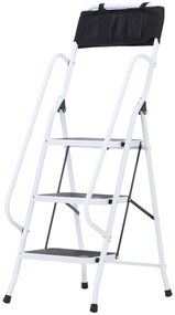 HOMCOM Escada Dobrável com 3 Degraus com Apoio para os Braços e Suporte para Ferramentas 51x66x131 cm Branco | Aosom Portugal