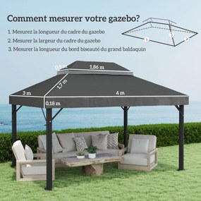 Lona de Substituição para Pérgola Lona de Pérgula 4x3 m (NÃO Incluída) Teto Duplo com Orifícios de Drenagem Poliéster 370 g/㎡ Cinza