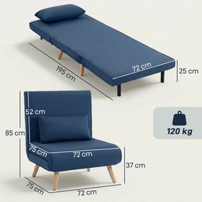 Sofá Cama Individual Estofado em Linho com Encosto Ajustável em 5 Posições e Almofada Sofá Cama Pequeno 72x75x85 cm Azul Escuro